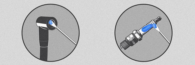 Figure 1: Illustration of how to properly apply dielectric grease to spark plugs. At left, application of grease inside the spark plug boot, being careful to avoid terminal receptor. At the right is the application of grease onto the ceramic of a spark plug, being careful not to apply any grease onto the terminal.